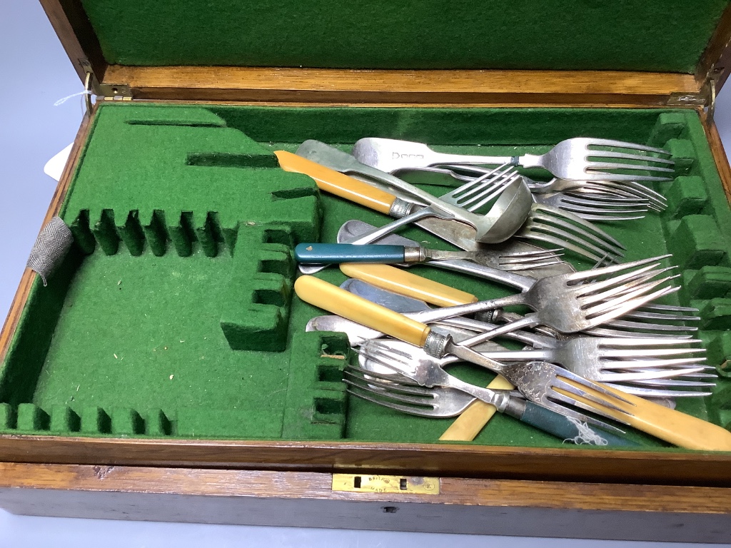 A quantity of mixed mainly 18th and 19th century silver flatware, various dates and makers and a small group of plated cutlery